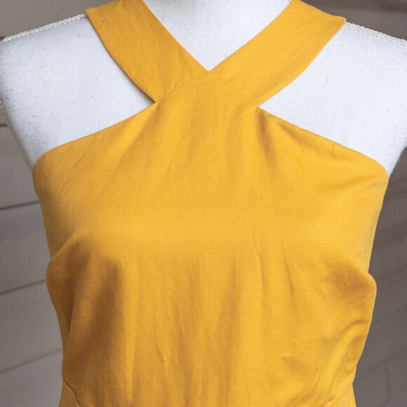 Ann Taylor Halter Midi Dress Mustard Yellow Gold Linen Blend Retro 50s A Line - Picture 10 of 11
